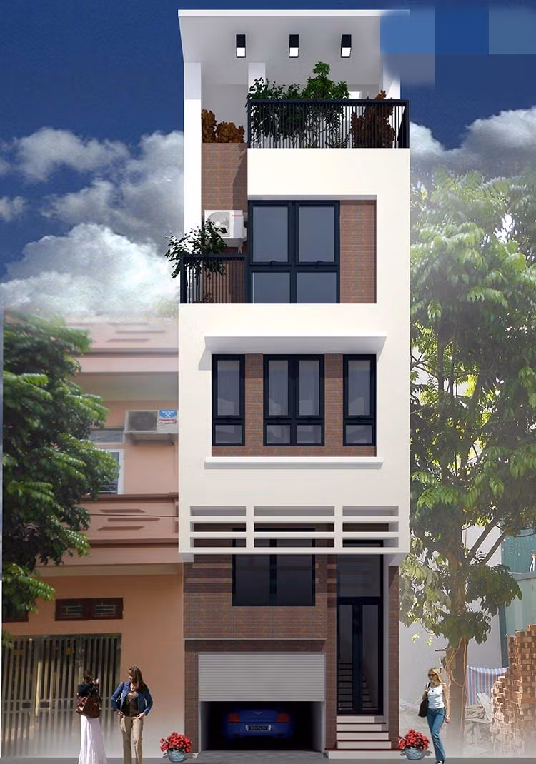 Mặt tiền ngôi nhà thiết kế hiện đại, chiều cao các tầng vừa phải. Tầng trệt vừa có thể làm gara, vừa có thể là kho chứa đồ. Ảnh: Ktshanoi.