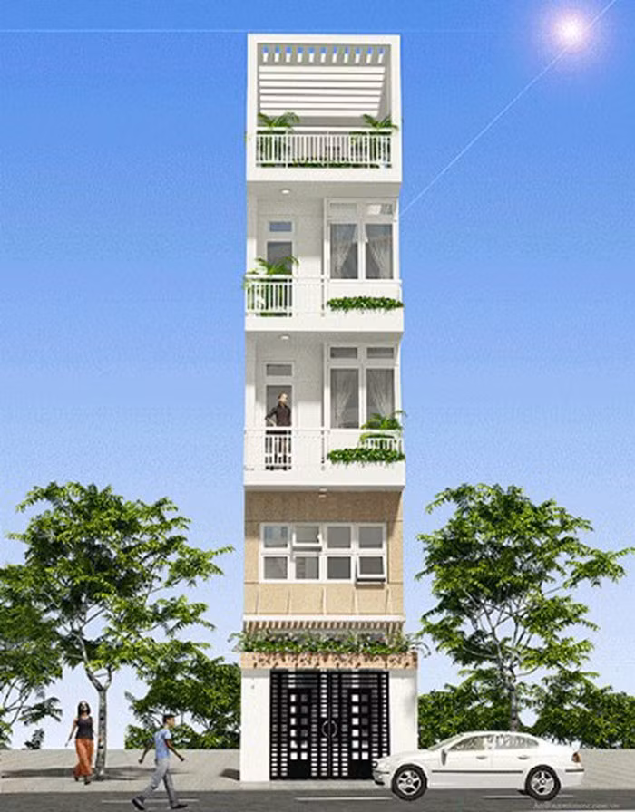 Nhà 5 tầng nổi bật với ban công mỗi tầng đều có cây xanh. Ảnh: Thietkexaynhadep.