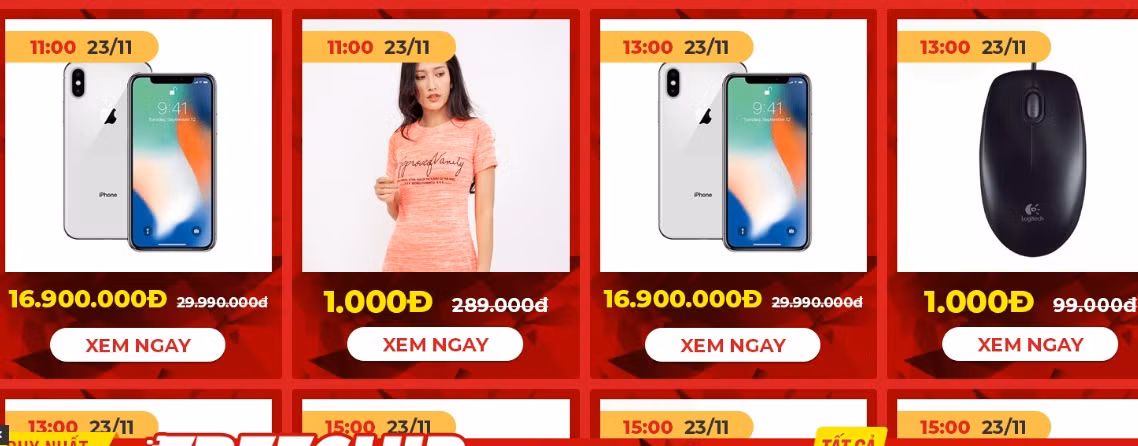 Sendo liệt kê sẵn các sản phẩm giá 1.000 đồng và chờ đếm ngược thời gian để bung hàng. Ảnh: Sendo.