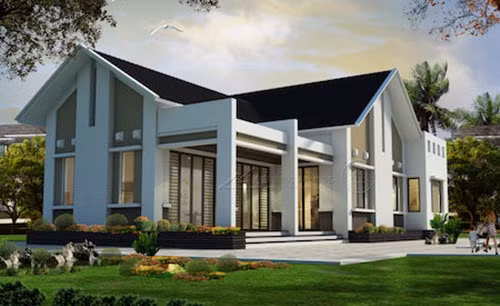 Không cầu kỳ về chi tiết trang trí, nhà 1 tầng tập trung cho hệ thống cửa hiện đại và hoa cỏ sân vườn. Ảnh: Kientrucanhung.