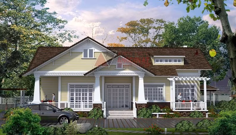 Nhà 1 tầng sử dụng hệ thống cửa kính trắng thoáng sáng. Ảnh: Angcovat.