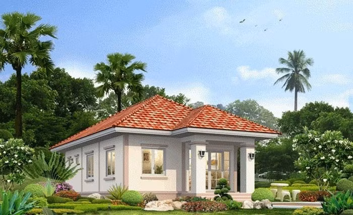 Biệt thự 1 tầng mái thái trên nền diện tích 60m2 (chưa tính diện tích tiền sảnh) với 2 phòng ngủ, 1 phòng khách, 1 phòng bếp và phòng ăn. Ảnh: Thietkethicongnhadep.