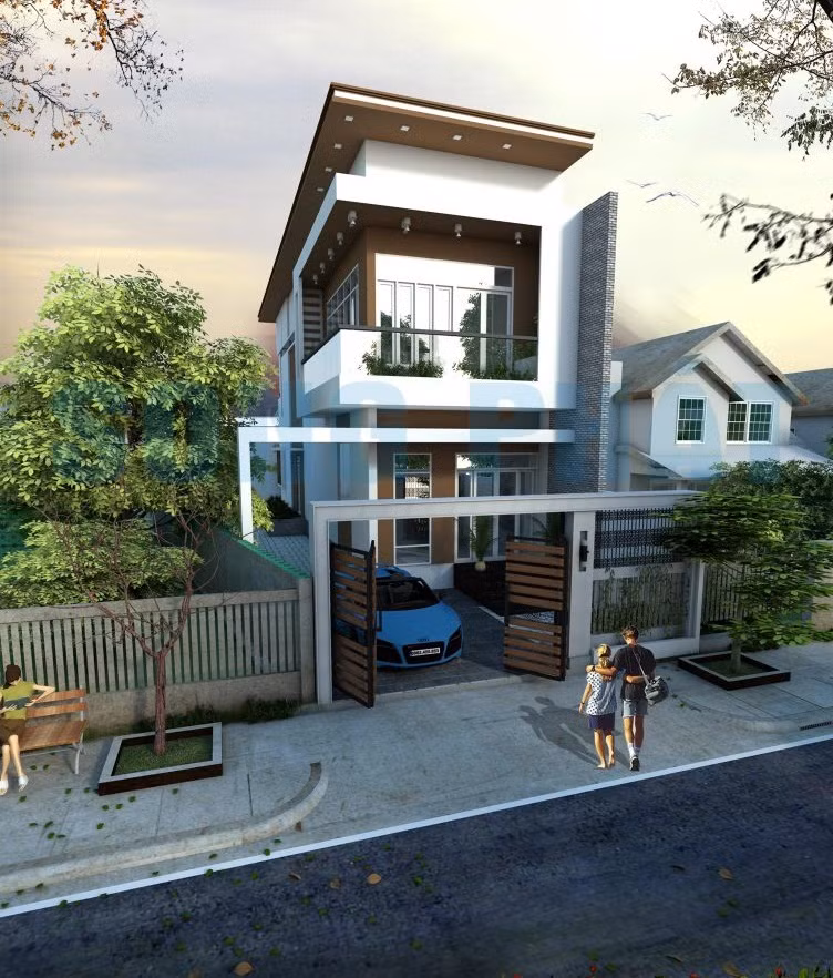 Điểm đặc biệt của ngôi nhà 2 tầng là gam màu nâu phối xen kẽ mang đến sự lạ mắt. Ảnh: Song Phat Construction.