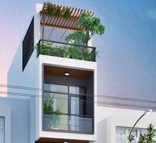 Kiến trúc nhà ống đơn giản 1 trệt 1 lửng 2 lầu sân thượng 3m có phòng thờ thông thoáng. Ảnh: Thietkenhadepmoi.