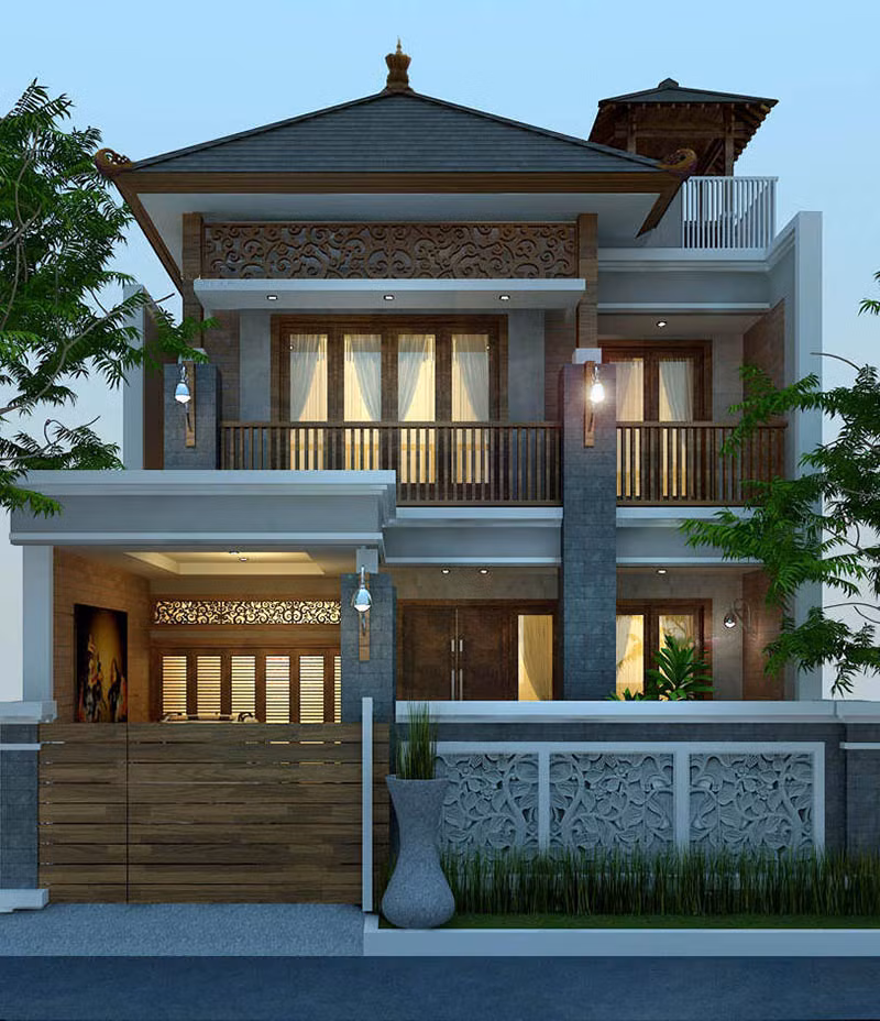 Biệt thự phố 2 tầng kết hợp kiến trúc hiện đại và nét kiến trúc truyền thống Á Đông mang lại cái nhìn mới lạ. Ảnh: Arcviet.