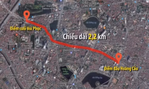 Tuyến đường vành đai 1 đoạn Hoàng Cầu - Voi Phục có chiều dài hơn 2,2 km. Mặt cắt ngang 50m (bao gồm 2 cầu vượt trực thông theo hướng vành đai 1 tại các nút Giảng Võ – Láng Hạ và nút Nguyễn Chí Thanh). Ảnh: Baodautu.