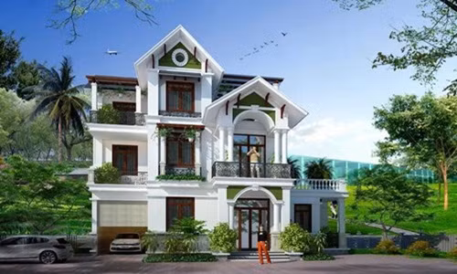 Biệt thự 3 tầng sử dụng nhiều hệ thống mái che kính trên ban công lớn và sân thượng. Ảnh: Kienangia.