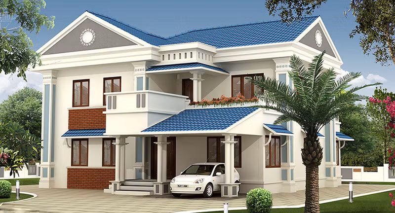 Nhà mái thái kiểu Pháp sử dụng các cột trụ tròn nhưng các chi tiết trang trí cột đã tối giản hơn. Ảnh: Kientrucsuvietnam.