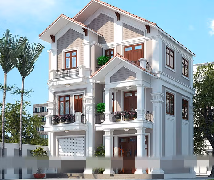 Biệt thự mái thái 3 tầng ấn tượng nhờ mặt tiền đăng đối vững chãi. Ảnh: Housevn.