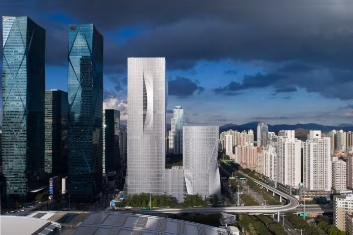 Tòa nhà năng lượng Thâm Quyến, Trung Quốc gồm 2 tòa tháp cao 220m và 120m. Hai tòa nhà kết nối bởi khối đế cao 34m.