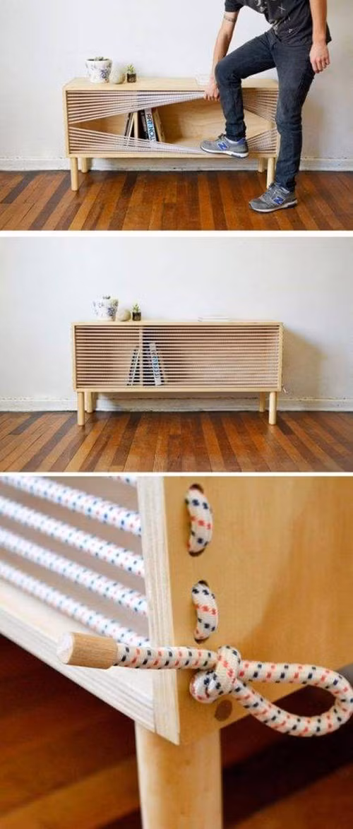 Tủ được chế tạo từ dây cao su, dây đai, poly hoặc dây thừng sợi nhỏ. Ảnh: Happynest.