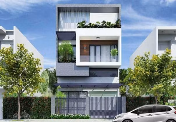 Nhà phố 2 tầng sử dụng hình khối để tạo nét cho căn nhà trở nên khỏe khoắn và nổi bật. Ảnh: Thietkenhadepvn.