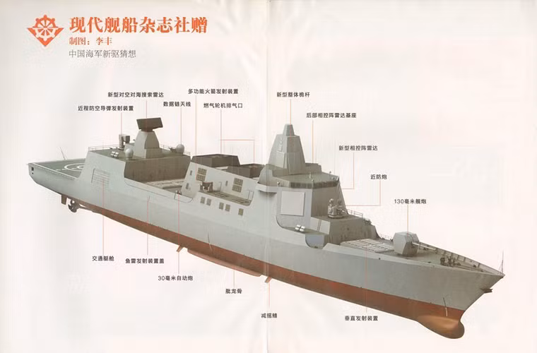 Trong ảnh là thiết kế đồ họa ban đầu của Type 055, ta có thể thấy khu trục hạm này được trang bị hệ thống vũ khí khá mạnh với các tổ hợp ống phóng tên lửa thẳng đứng VLS ở phía trước lẫn phía sau đuôi tàu.