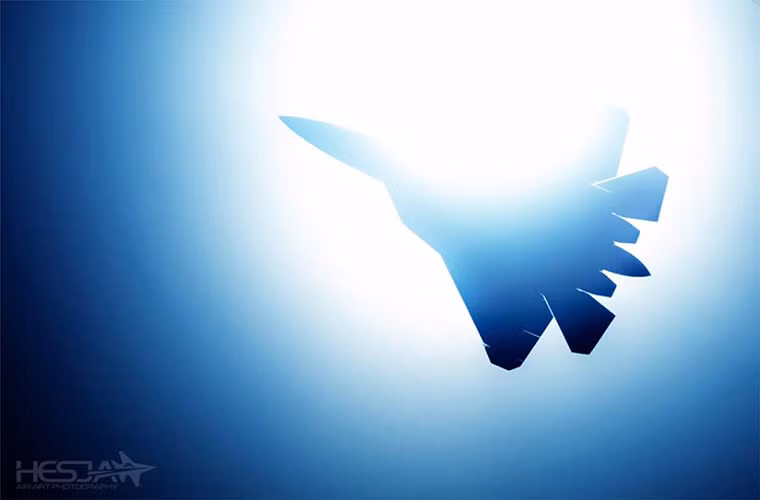 Hình ảnh một chiếc tiêm kích đa năng PAK-FA T-50 của Không quân Nga che lấp ánh mặt trời tại triển lãm MAKS-2015.