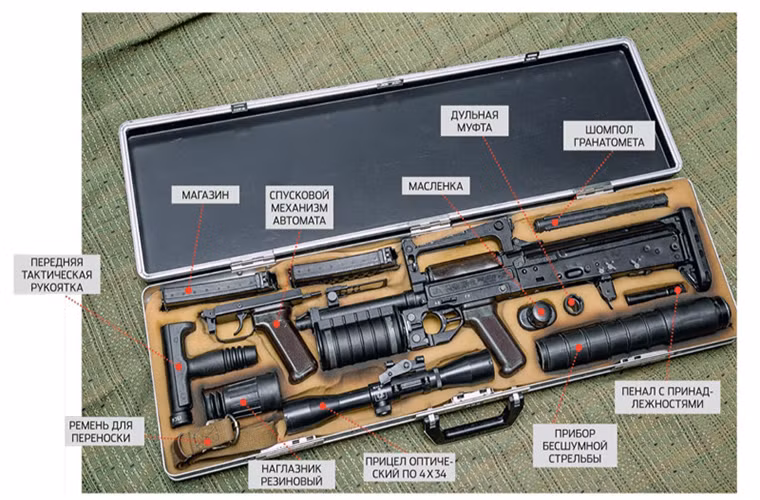 Nòng súng của AKS-74U cũng được rút ngắn để có thể gắn nòng giảm thanh hoặc sóng phóng lựu cầm tay, còn lại mọi cơ chế hoạt động trên OTs-14 Groza đều tương tự như AKS-74U. Trong ảnh là bộ trang bị tiêu chuẩn của một khẩu OTs-14 Groza với khá nhiều bộ phận hổ trợ gắn ngoài.