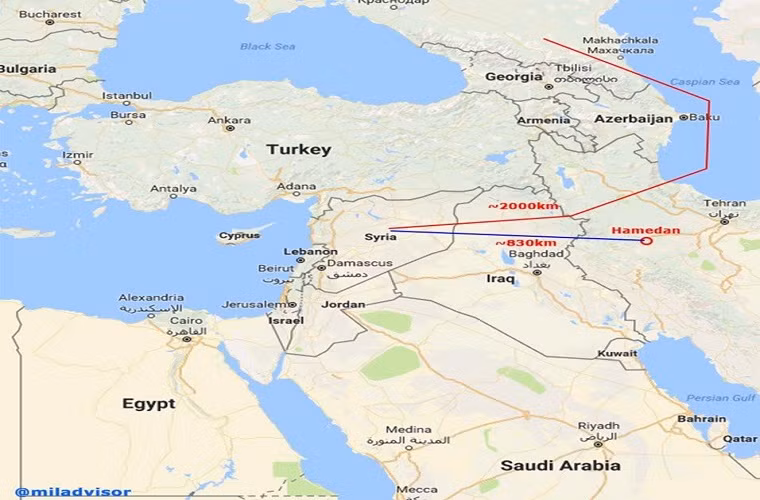 Trong ảnh là sơ đồ hành trình bày của Tu-22M3 từ căn cứ không quân ở Mozdok ở Bắc Ossetia cách Syria 2.000km trong khi đó từ Hamedan chỉ tầm 830km.
