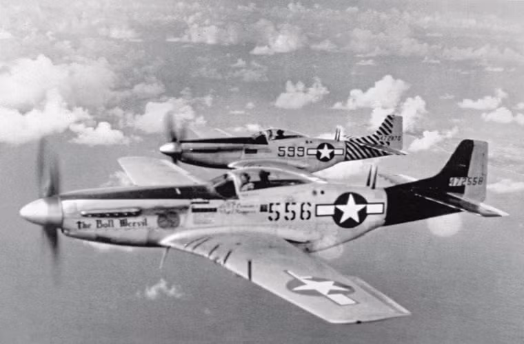Được đưa vào trang bị từ năm 1940, P-51 Mustang tham gia vào hầu hết các chiến dịch quân sự lớn của Mỹ tại Châu Âu và Bắc Phi, nó cũng được xem là biểu tượng sức mạnh của Không quân Mỹ trong suốt thời gian dài. Trong ảnh là hai chiếc P-51 thuộc phi đội tiêm kích số 506 của Mỹ khi đang bay gần đảo Iwo Jima, được biết mỗi phi đội P-51 đều có màu sơn cánh đuôi khác nhau. Nguồn ảnh: War History Online