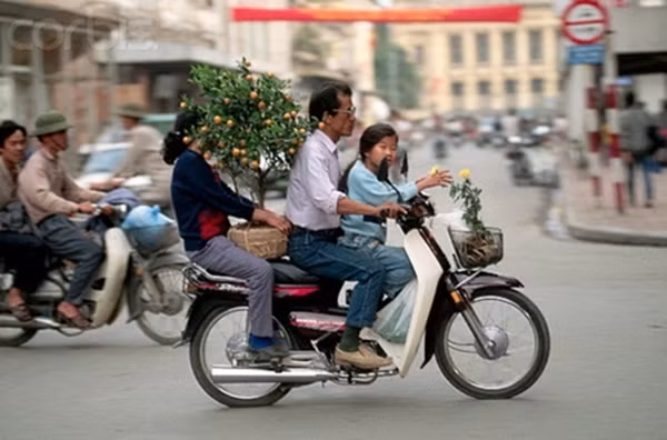 Người bố đèo vợ và con gái đi sắm cây quất ngày Tết.