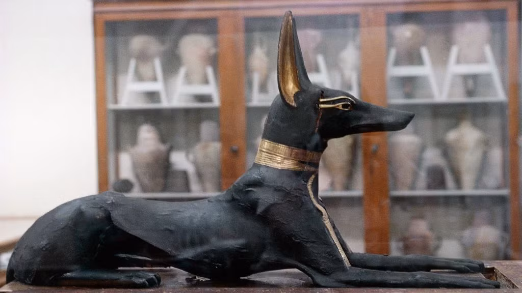 8. Bức tượng vị thần đầu chó. Bức tượng Anubis, một vị thần Ai Cập cổ đại có đầu chó rừng gắn liền với việc ướp xác, được tìm thấy trong lăng mộ của Tutankhamun. Nó được làm tỉ mỉ bằng gỗ và vàng.