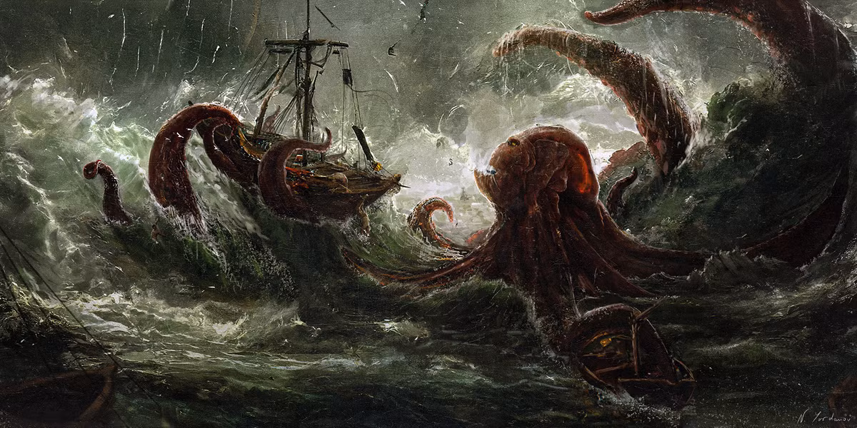 4. Thủy quái Kraken. Loài thủy quái nguy hiểm đã bị phát hiện cách đây hàng trăm năm ở ngoài khơi vùng biển Kraken của nước Anh. Với các vòi dài hàng chục mét, nó đã quật ngã nhiều con tàu rồi lôi xuống đại dương. Đây là câu chuyện là hư cấu dựa trên căn bản sự thật.