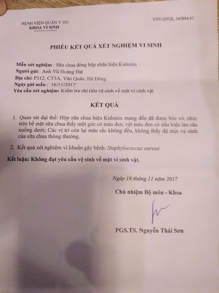 Kết quả xét nghiệm mẫu sữa chua Kidsmix.