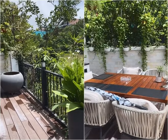 Góc sân vườn lãng mạn với hàng cây xanh mướt và bàn ghế gọn gàng. Ảnh: FBNV
