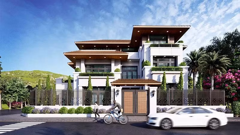Nhà mái Nhật 2 mặt tiền giúp tận dụng tối đa ánh sáng tự nhiên. Thiết kế chú trọng đến việc tạo sự cân đối, hài hòa giữa hai mặt tiền. Ảnh: Shome