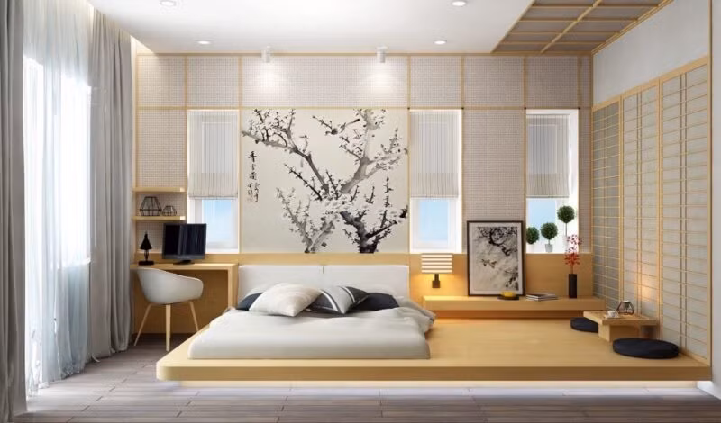 Phòng ngủ của người Nhật thường theo hình dáng hình học, kết hợp giường trệt làm bằng gỗ đơn giản và thấp sẽ giúp căn phòng nhìn rộng và thoáng hơn. Ảnh: ifurniture