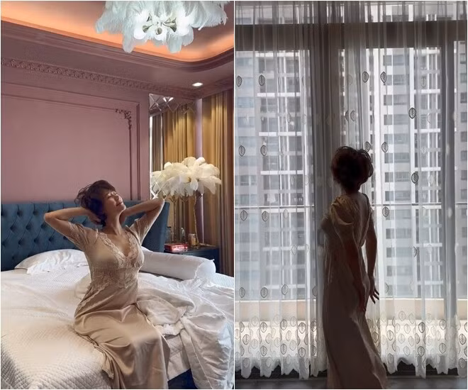 Phòng ngủ sử dụng tông màu pastel với chiếc giường lớn bọc nêm nhung xanh dương mang phong cách cổ điển. Ảnh: FBNV