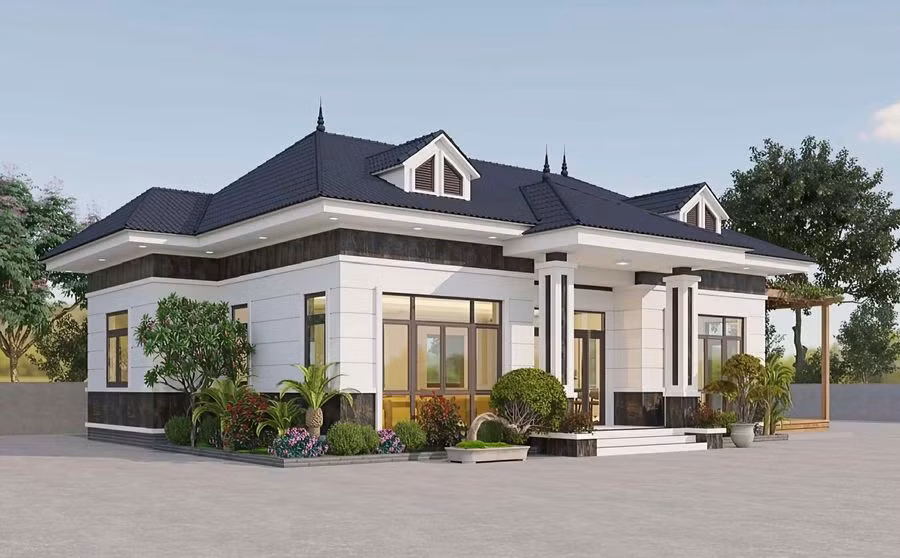 Mẫu nhà mái Nhật 1 tầng 4 phòng ngủ phù hợp với gia đình đông người. Với mẫu này, gia chủ có thể phân tách không gian theo kiểu 2 phòng ngủ đối xứng 2 bên nhà, không gian ở giữa là nơi dành cho những khu vực sinh hoạt chung như phòng khách, phòng bếp, phòng ăn. Ảnh: Decoxdesign