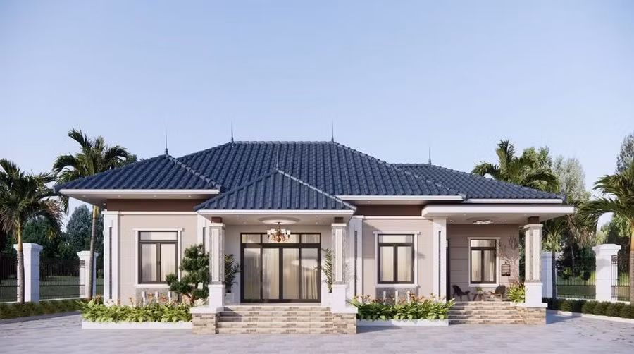  Nhà mái Nhật 1 tầng đơn giản, không cầu kỳ bởi những chi tiết rườm rà, phức tạp. Hình khối vuông vức, bảng màu trung tính thanh lịch chủ đạo và mái Nhật đủ tôn lên vẻ đẹp công trình. Ảnh: Decoxdesign