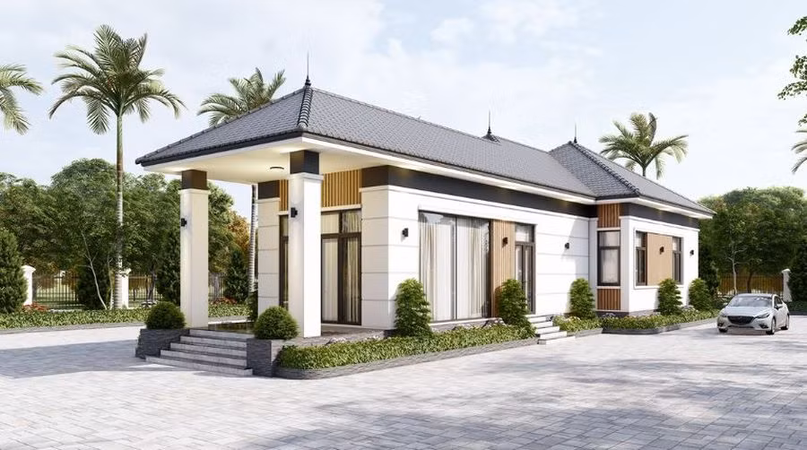 Mẫu nhà mái Nhật 1 tầng xây theo lối kiến trúc hiện đại với sân vườn rộng rãi, đón đầu xu hướng thiết kế. Ảnh: Decoxdesign