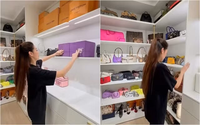 Phía bên trong phòng ngủ là phòng để đồ của Khánh Vân. Tại đây, người đẹp cất giữ 2 chiếc vương miện trong hộp và những món đồ thời trang khác. Ảnh chụp màn hình