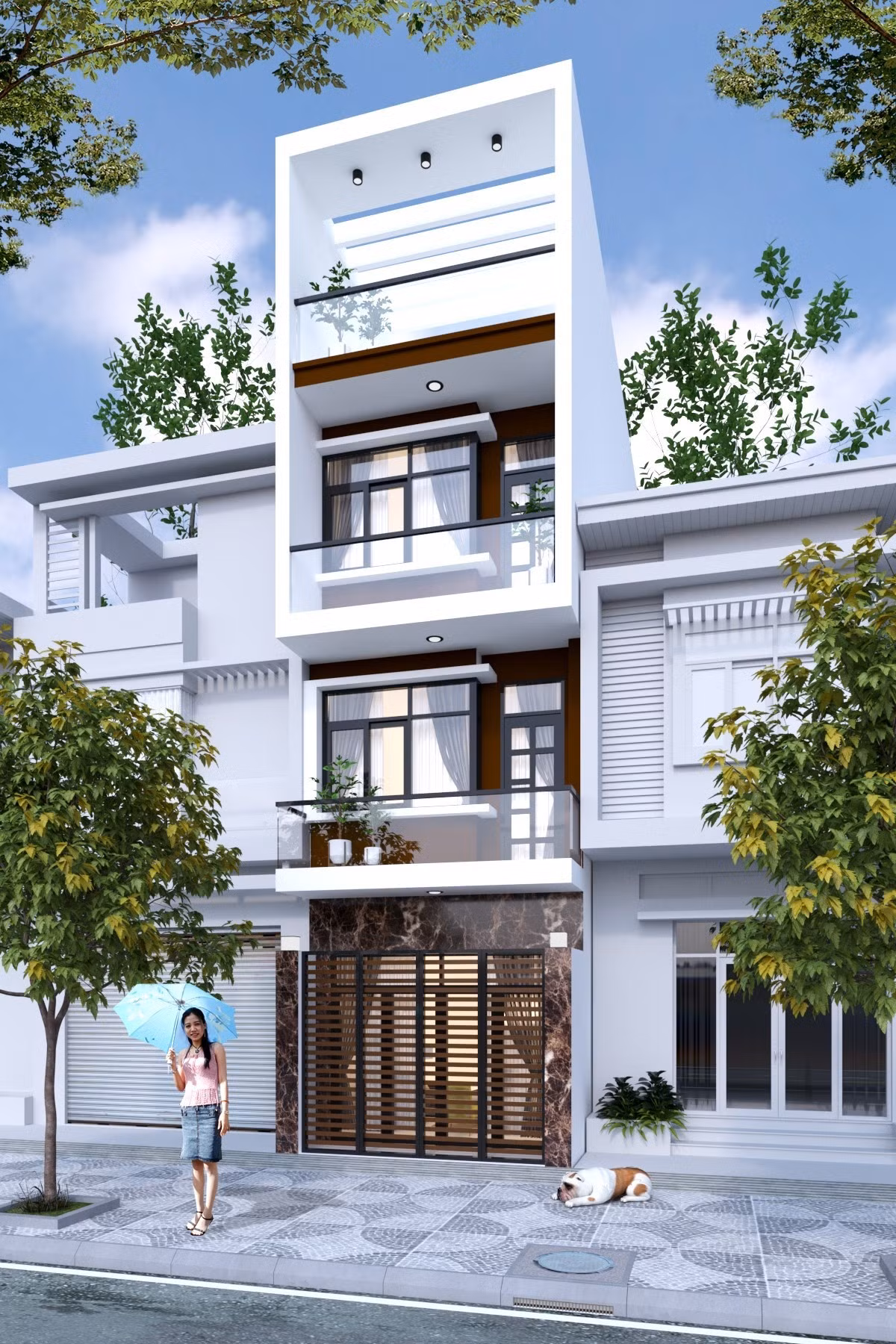 Điểm nhấn của ngôi nhà là những khối vuông vắn, có độ đua rộng, giúp ngôi nhà hiện đại và bề thế hơn. Ảnh: Wedo