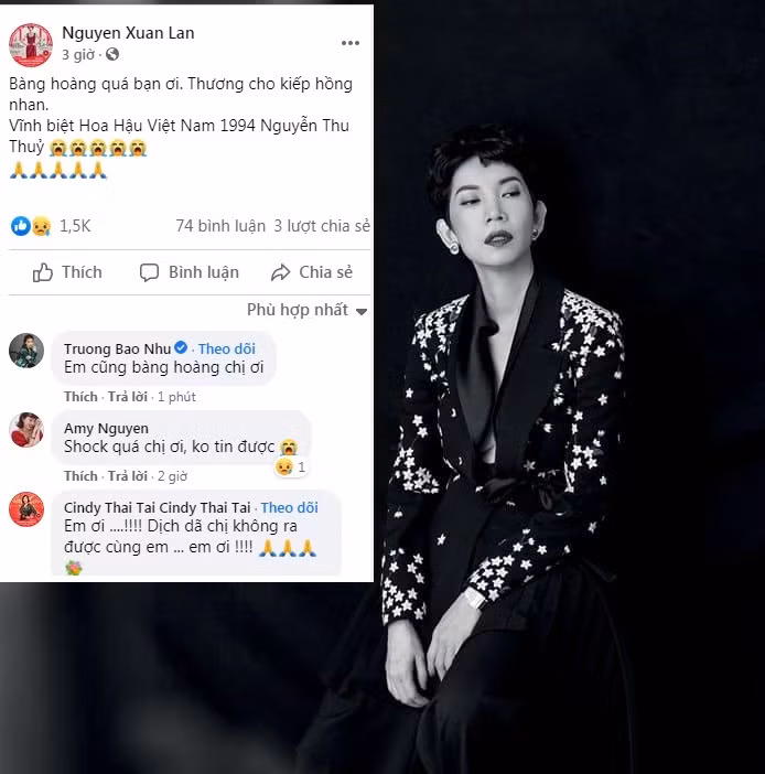 Siêu mẫu Xuân Lan bày tỏ niềm tiếc thương: "Bàng hoàng quá bạn ơi. Thương cho kiếp hồng nhan. Vĩnh biệt Hoa hậu Việt Nam 1994 Nguyễn Thu Thuỷ".