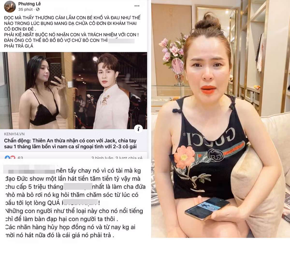 Trên trang cá nhân của mình, Hoa hậu Phương Lê cũng có những phản ứng gay gắt quanh lùm xùm của Jack. Không chỉ liên tưởng tới vụ của Ngô Diệc Phàm, Phương Lê còn kêu gọi tẩy chay nam chính vì lý do "có tài mà không đạo đức, show một lần hát tiền trăm tiền tỷ vậy mà chu cấp 5 triệu/tháng, nhất là làm cha đứa nhỏ mà bỏ rơi nó không hỏi thăm, chăm sóc từ lúc có bầu tới lọt lòng".