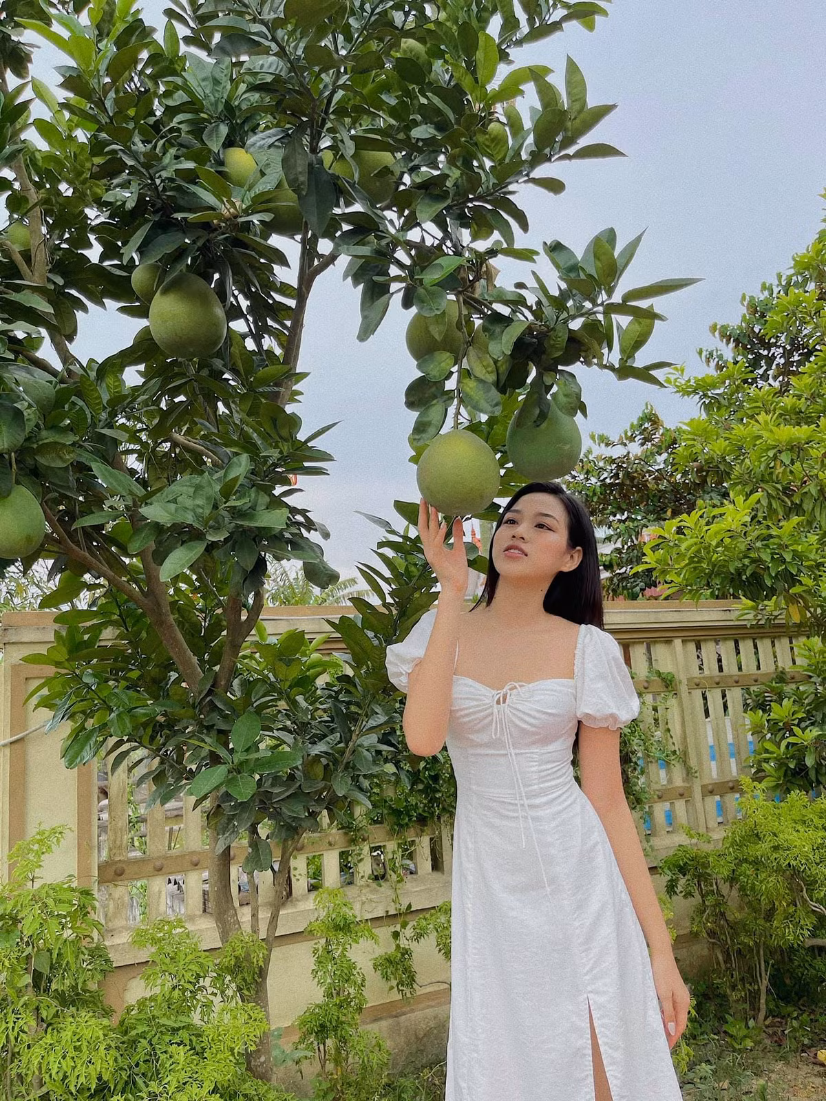 Nàng hậu khoe ảnh được mẹ và cháu gái chụp. Ngôi nhà của gia đình Đỗ Thị Hà ở Thanh Hóa có khuôn viên rộng với nhiều rau, hoa và cây trái, là nơi để người đẹp thỏa thích chụp ảnh "sống ảo".