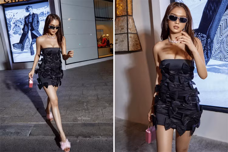 Váy quây chỉ che được nửa bầu ngực và ngắn tối đa giúp nữ diễn viên "Vòng eo 56" phô ra vẻ đẹp cơ thể.