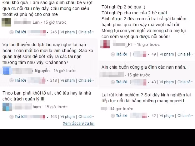 "Sinh được hai đứa con cả trai cả gái là niềm hạnh phúc quá lớn vậy mà vuột mất rồi!", dòng bình luận nghẹn đắng đau thương của độc giả Thuan_Pt trên một trang báo mạng nổi tiếng đã lấy đi nước mắt của rất nhiều người khác. Phần đông dư luận cho rằng nhà nước, những người có trách nhiệm giải quyết vụ việc nên tìm ra cách thức thật hợp lý, giàu tình cảm nhất có thể để hỗ trợ gia đình các nạn nhân xấu số vượt qua được nỗi đau.