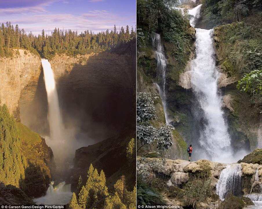 Thác Helmcken trong vườn quốc gia Wells Gray ở British Columbia, Canada (trái) và thác Kuang Si, Lào (phải).