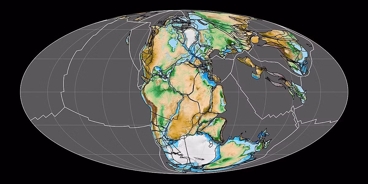Pangea, từ tiếng Hy Lạp có nghĩa là “toàn bộ đất đai”, là một siêu lục địa đã từng tồn tại trong đại Trung Sinh (Mesozoic) thuộc liên đại Hiển Sinh, trước khi quá trình trôi dạt lục địa tách nó ra thành các lục địa hiện nay. Tên gọi này được nhà địa chất học người Đức Alfred Wegener đặt vào năm 1915. (Ảnh: Wikipedia)