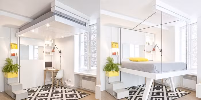 Một thiết kế đẹp long lanh dành riêng cho căn phòng quá chật chội. Khi không cần thiết, chiếc giường được kéo lên cao tạo nơi làm việc thoáng đãng cho gia chủ. Khi cần, chiếc giường được hạ xuống thấp tạo một nơi nghỉ ngơi êm ái. 