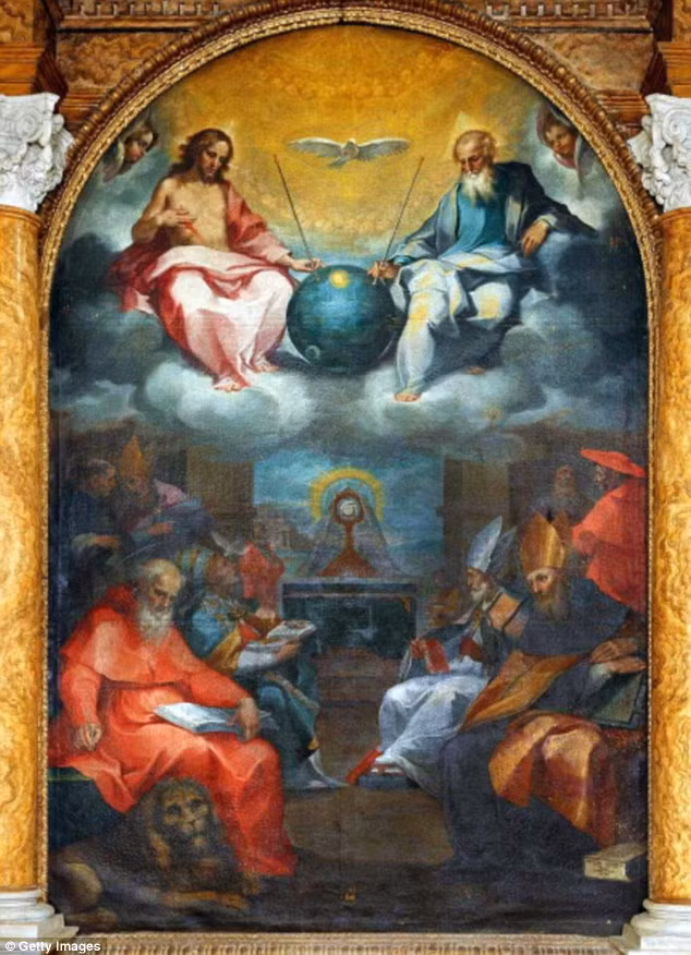Bức tranh của "The Glorification of the Eucharist" của họa sĩ Ventura Salimbeni nổi tiếng với hình ảnh Chúa Jesus, Chúa Trời và một con chim bồ câu tượng trưng cho Đức Thánh Linh. Một số nhà thuyết âm mưu cho rằng vật thể hình tròn giữa Chúa Jesus và Chúa Trời chính là vệ tinh Sputnik của tương lai. Chúa Jesus đã du hành vượt thời gian và mang nó về thời kỳ cổ đại. Đây cũng được cho là một bằng chứng về người ngoài hành tinh.