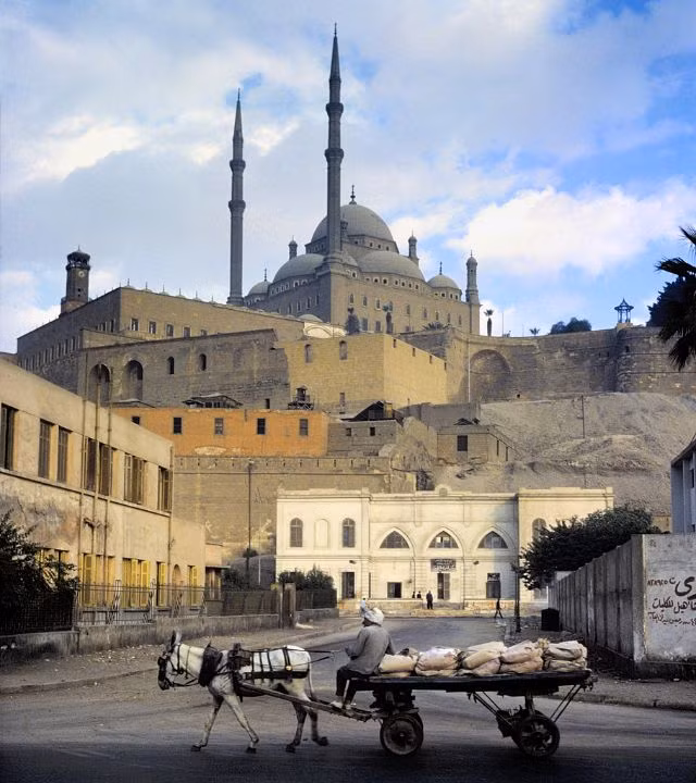 Một chiếc xe lừa vận chuyển hàng hóa đi ngang qua thánh đường Hồi giáo Cairo.