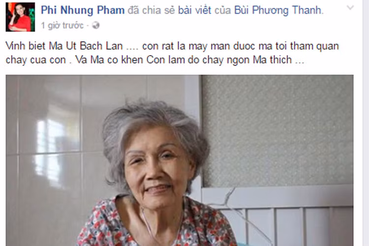 Ca sĩ Phi Nhung cũng bày tỏ lòng tiếc thương. Cô viết: “Con rất may mắn được má tới thăm quán chay của con và má còn khen con làm đồ chay ngon má thích”. (Ảnh: chụp màn hình)