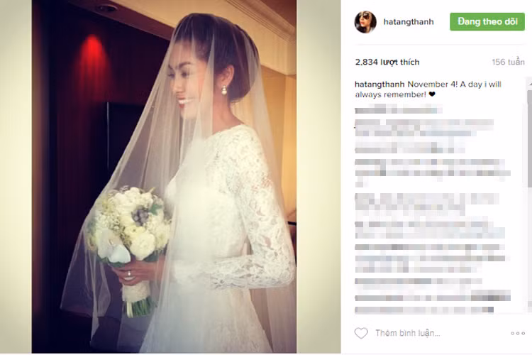 Đúng 1 năm sau ngày cưới, trên trang cá nhân, Hà Tăng từng chia sẻ khoảnh khắc mặc chiếc váy cưới kèm lời tâm sự 4/11 là ngày mà cô luôn nhớ mãi. (Ảnh: chụp màn hình) 