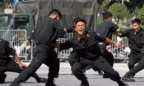 Cảnh sát cơ động Hà Nội trình diễn võ thuật. Ảnh: Hoàng Việt.