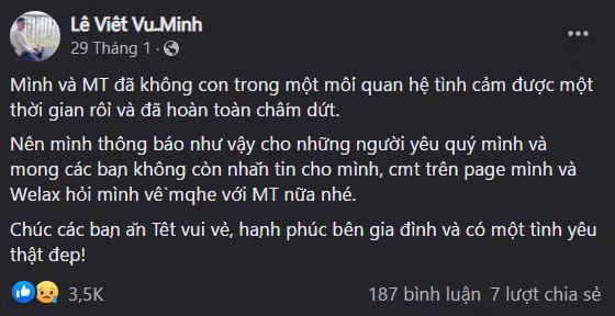 Trước sự tò mò của netizen, Minh Vẹo đã chính thức lên tiếng về việc này. Cụ thể, anh cho biết mình và Minh Thu đã chính thức đường ai nấy đi một thời gian và hy vọng cộng đồng mạng không hỏi về mối quan hệ này nữa.