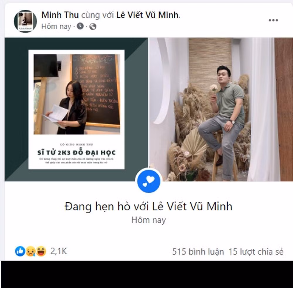 Vào đúng ngày 20/10 năm ngoái, cô giáo Vật lý Minh Thu một lần nữa dậy sóng mạng xã hội khi công khai hẹn hò với Minh Vẹo - một trong những thành viên cốt cán của nhóm hài Welax.