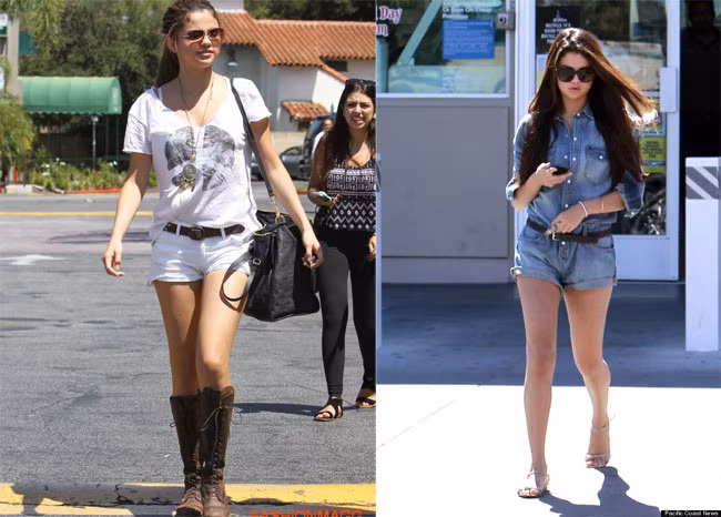 Selena Gomez thoải mái kết hợp phụ kiện với trang phục short ngắn trẻ trung rất phù hợp với lứa tuổi của cô.